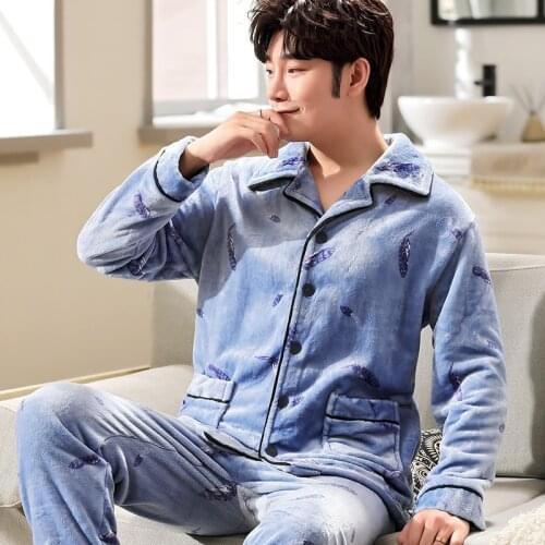 Autumn Winter Flannel Mens Pyjamas Thicken Warm Soft Pajamas Sets Casual Male Sleepwear Pyjamas Night Pijamas 3XL