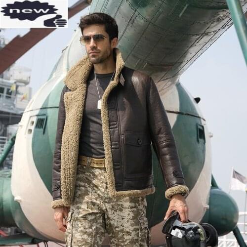 Luxury Genuine Leather Jacket Turn Down Collar Shearling Slim Male Short Single Breasted Military Thick Warm Outerwear Oversize
