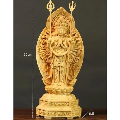 20cm Guanyin Writing Buddha Statue Thousand Arms Home Wood Carving Feng Shui Carving Madonna Ornaments