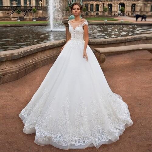 Traugel Scoop A Line Lace Wedding Dresses Delicate Applique Cap Sleeve Backless Bride Dress Chapel Train Bridal Gown Plus Size
