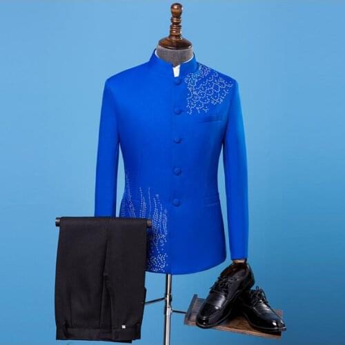 Vintage wedding suits for men blazer boys prom mariage suits fashion slim hot drilling chinese tunic suit mens stand collar blue