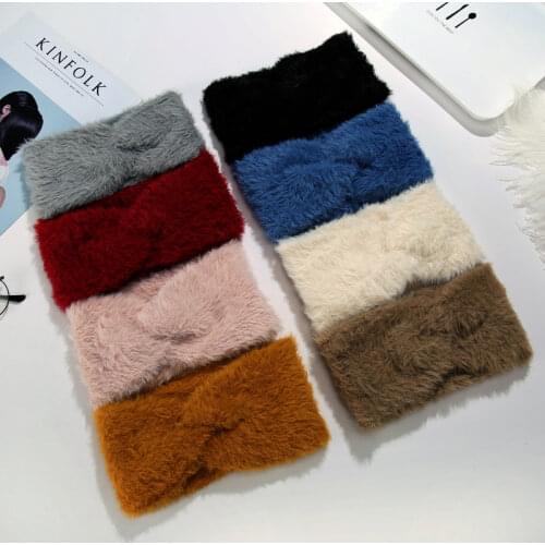 Xugar 2021 Winter Warm Cross Fur Headbands Makeup Hairbands For Girls Knitted Turband Womens Bandage Knotted Hair Accessories