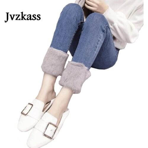 Jvzkass 2019 new rabbit fur jeans female winter plus velvet thickening straight denim pants pants pencil pants trousers Z273