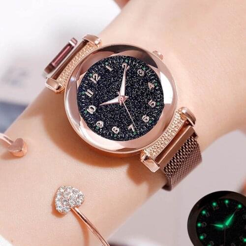 Rose Gold Women Quartz Watches Starry Sky Luminous Magnetic Mesh Band Geometry Crystal Personality Relogio Feminino Casual Gift