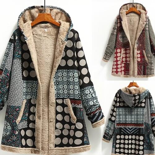 2021 Retro Print Winter Womens Warm Coat Thickened Fleece Hooded Long Coat With Pocket Cotton And Linen Ladies Loose Coat