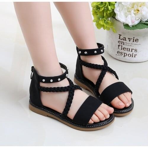 2021 Summer Sandal Little Girl Beach Fashion Rivet Braid Princess Shoes Child Pink Big Kid Flat Shoes 3 5 6 7 8 9 10 11 12 Years