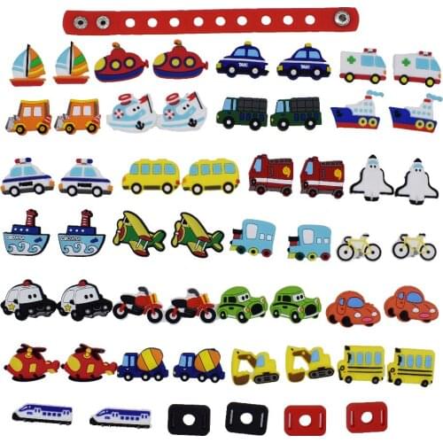 50pcs Transports Airplane Boat Vechile Cars Shoes Charms Fits Sandal Bracelet + 4Pcs Shoe Lace Adapter + 1Pc Wristband