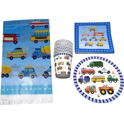 61pcs Cars Theme Plates Cups Baby Shower Decorate Napkins Tablecloth Birthday Party Engineering Truck Bus Design Tableware Set