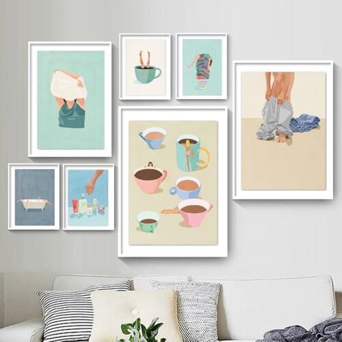 Coffee Cup Woman Laundry Funny Bathroom Wall Art Canvas Painting Nordic Posters And Prints Wall Pictures For Living Room Decor