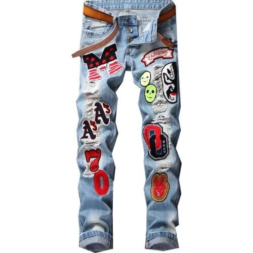 Fall/winter Jeans Mens Fashion Applique Multi-badge Ripped Straight-leg Pants Trendy Mens Slim Blue Jeans