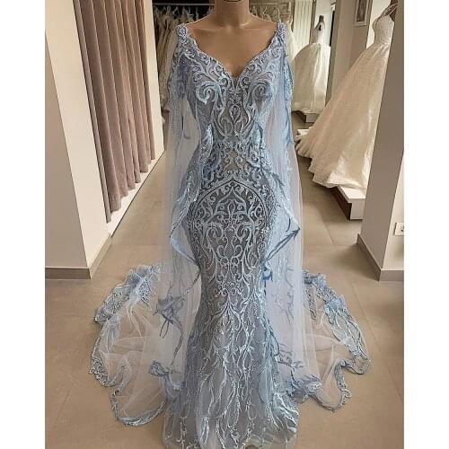 Elegant V-Neck Blue Mermaid Evening Dress Floor-Length Lace Prom Dress вечернее платье Middle East Saudi Arabia Zipper Dubai
