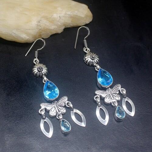 Gemstonefactory Big Promotion 925 Silver Glowing Shiny Blue Topaz Women Ladies Gifts Dangle Drop Earrings 20212003