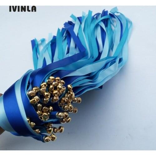 Hot Selling 50pcs/lot blue and light blue wedding ribbon wands with gold bell