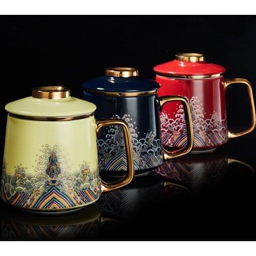 Ceramic mug with lid filter bubble tea cup insulation large capacity ancient style office cup forbidden city cup