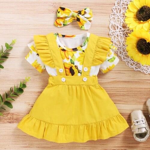 Kids Baby Summer Clothing Set Lovely Fashion Infant Girls Clothes Tops+Headwear+Skirts 3Pcs Summer Sunflower Girls Clothing Suit