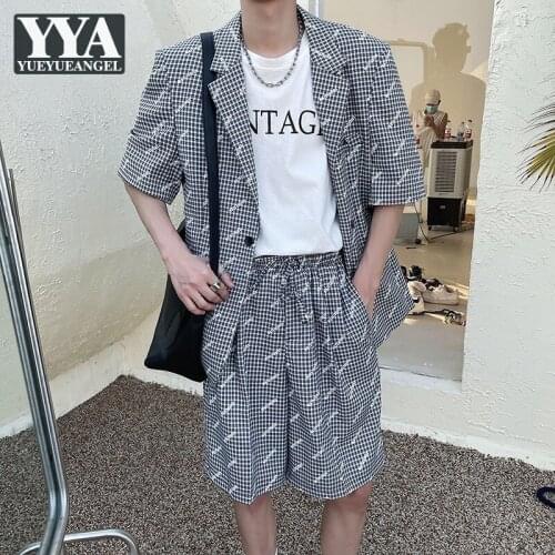Summer Mens High Street Printed Plaid Loose Fit Suit Set Blazer Jacket Shorts Matching Sets New Fashion Male Wedding Party Suits