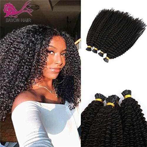 Kinky Curly I Tip Hair Extensions 100 strand Remy Indian Microlinks Human Hair Keratin Hair Black Brown Color For Women