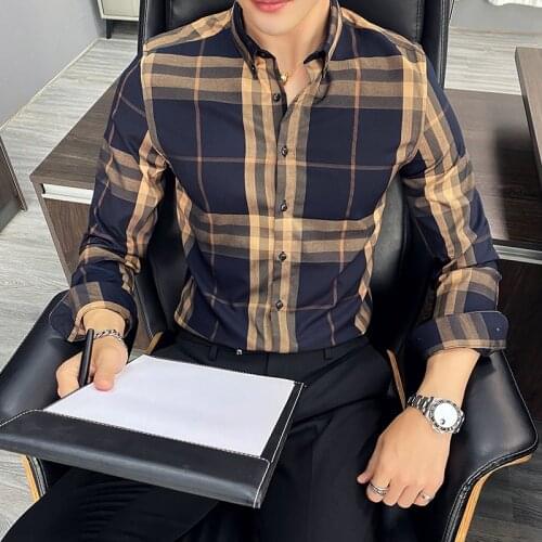 2021 Mens Brand clothing spring Pure cotton business Long sleeve shirt/Male slim fit plaid Dress shirt/Man lapel Casual shirts