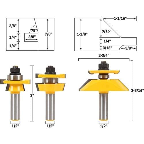 3PC/Set 1/2" 12.7MM Shank Milling Cutter Wood Carving Panel Cabinet Door Router Bit Set Carbide Milling Cutters For Carpenter