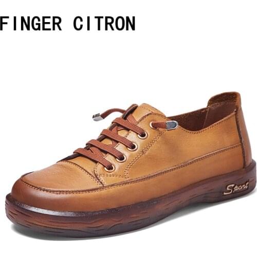 Finger Citron Women Casual Shoes Genuine Cow Leather Round Toe Gum Rubber Outsole Soft Comfirtable By Handmade Size 35-40