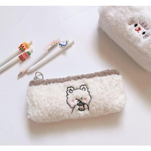 Plush Pencil Case Kawaii Stitching Contrast Color Bear Pen Box Student Stationery Storage Bag Large Capacity Pencil Pouch