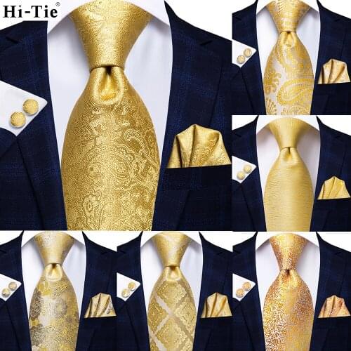 Hi-Tie Yellow Paisley Silk Wedding Tie For Men Hanky Cufflinks Gift Mens Necktie Gravata Set Business Dropshipping New Designer