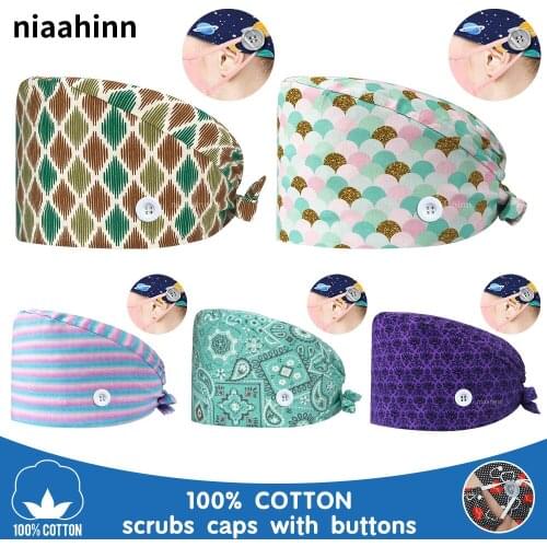 Cotton Nursing Scrub Hat Medical Cap with Button Unisex Hospital Doctor Surgery Cap Pet Clinic Nurse Cap Pharmacist Working Hat