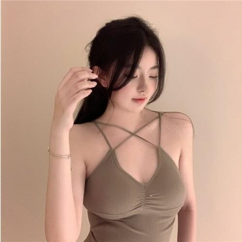 Screw Thread Sportgym Vest Sling Sexy Short Cross Sling Slim Pleated Underwear Vest Female Camis Tank Top Women