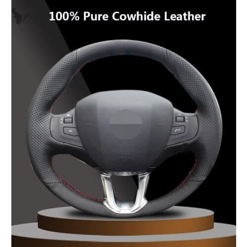 Hand-stitched Black Genuine Leather Steering Wheel Cover for Peugeot 208 Peugeot 2008 Car Special