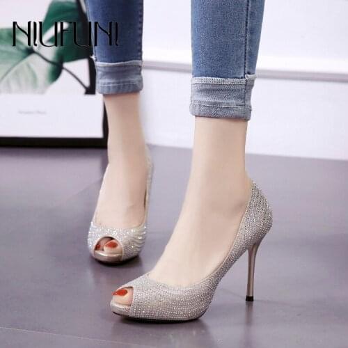 NIUFUNI Mary Jane Pumps Women Sexy Peep Toe Stiletto Rhinestone High Heels Wedding Party Shoes For Women bombas de mujer 2020