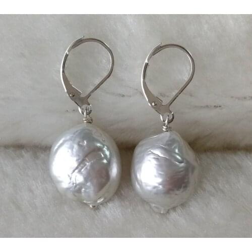 Unique Pearls jewellery Store Baroque Big Size 15-16mm Silver Gray Color Pearl Earrings 925 Silver Lever-Back Earrings
