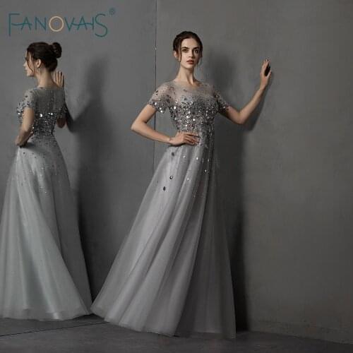 Short Sleeves Evening Dress 2019 A-Line Crystal Beaded Tulle Silver Grey Prom Dress Floor Length Party Gown Vestido de gala NE87