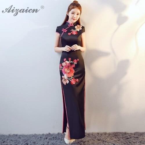 Orientale Vintage Gown Black Slim Cheongsam Daily Dress Women Traditional Chinese Clothing Qi Pao Fashion Long Evening Dresses