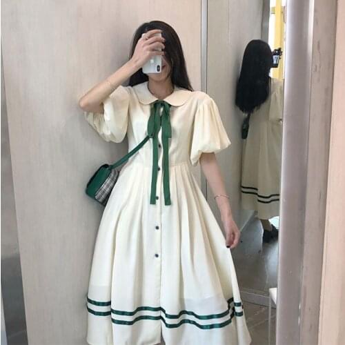Vintage Dress Female New Women Preppy Girls Dress Japan Half Sleeves White Dress High Waist Bowtie Casual Midi Dress Vestidos