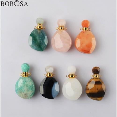 Natural Stone Perfume Bottle Diffuser Necklace Jewelry, Gold Color Faceted White Crystal Amazonite Perfume Bottle Jewelry WX1837