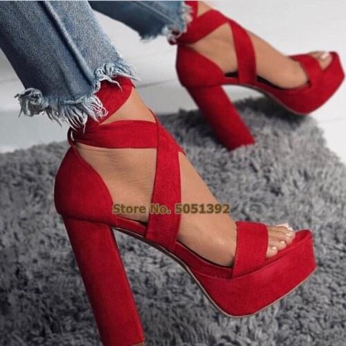 Women ankle straps lace-cross platform square heel Rome style peep toe fashion red suede sandals sexy nightclub party shoes