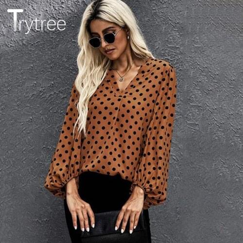 Trytree 2021 Spring Autumn Blouse Women Casual V-Neck Puff Sleeve Polka Dot Silky Chiffon Office Lady Shirts Thin Tops For Women