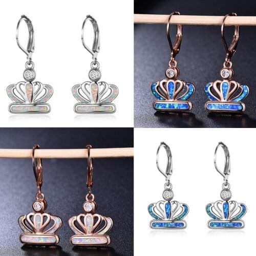 Female Big Crown Hoop Earrings Boho White Blue Fire Opal Earrings For Women 925 Sterling Rose Gold Color Wedding Jewelry