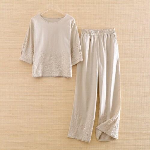 High-end Spring Summer Women 2 Pieces Linen Set Embroidery Shirt Top + White Cropped Pants Elegant Lady Plus Size Suit S-XXXL