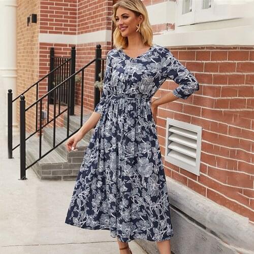 Single Button Boho Midi Dress Women Elegant V-neck Printing Spring Beach Vestidos De Women Summer Casual Dresses