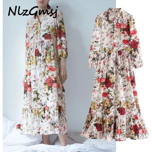 Nlzgmsj za 2020 autumn fashion women flowers print shirt dress long sleeve ladies long dress