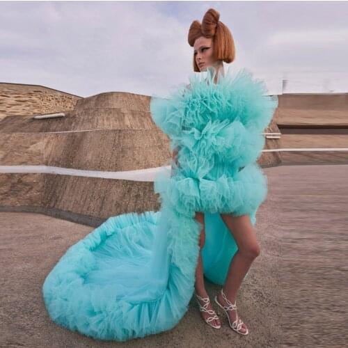 Spring Couture Women Dress High Low Pleated Tulle Prom Gown Birthday Dresses Sky Blue Sweep Train Party Dress Photo Shoot Custom