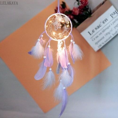 Girly Heart Feather Dreamcatcher Net With Light Lovely Handicraft Room Wall Decoration Hanging Braided Wind Chime Ornaments Gift