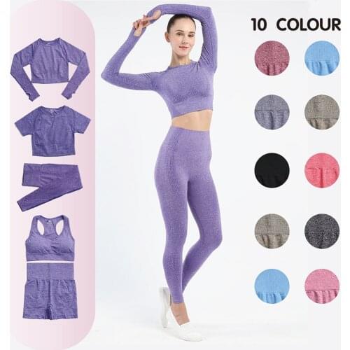 Seamless Women Yoga Set Workout Sportswear High Waist Running Gym Legging Seamless Fitness Bra Crop Top Long Sleeve Yoga Suit