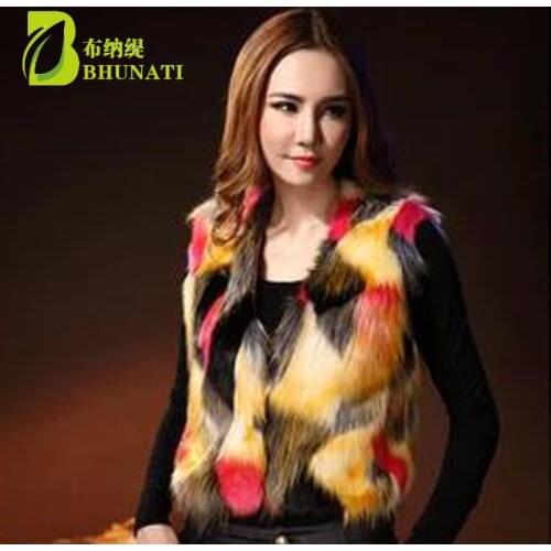 BHUNATI Multicolor Short Faux Fur Vest Coat Sleeveless Colorful Overcoat Artificial Fur Coats Slim Furry Vest For Lady