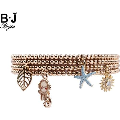 BOJIU 3mm Gold Acrylic Beads Charm Bracelet Women Adjustable Monkey Star Flower Leaf Pendant Bracelet Lady Valentine Gift BC246
