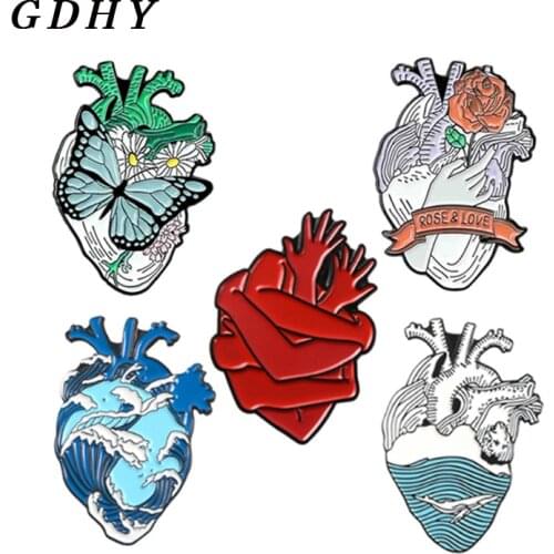GDHY Heart Series Brooch BE BRAVE Organ Heart Red Blood heart white Cat Hug Wave Whale Heart Enamel Pins Lapel Badge Doctor Gift