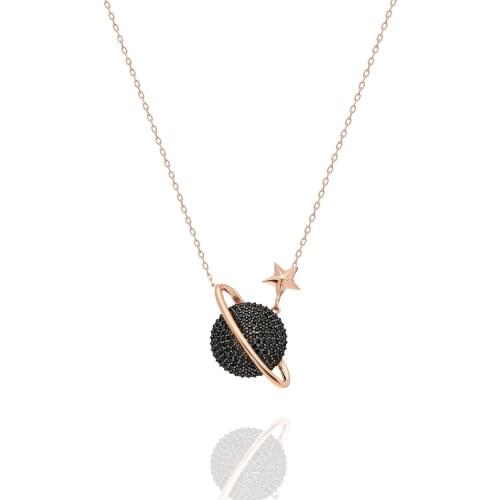 925 Sterling Silver Women Necklace Planet And Star Saturn Black Zircon Stone Pendant Gift Birthday Spring 2021 Rose Clor Chain