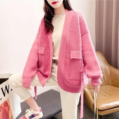 European Station Big Pocket Solid Color Sweater Jacket Women 2020 Autumn and Winter New Loose Thick Wild Knitted Cardigan Women