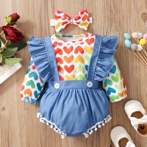 PatPat 2pcs Love Heart Print Ruffle Faux-two Long-sleeve Baby Romper